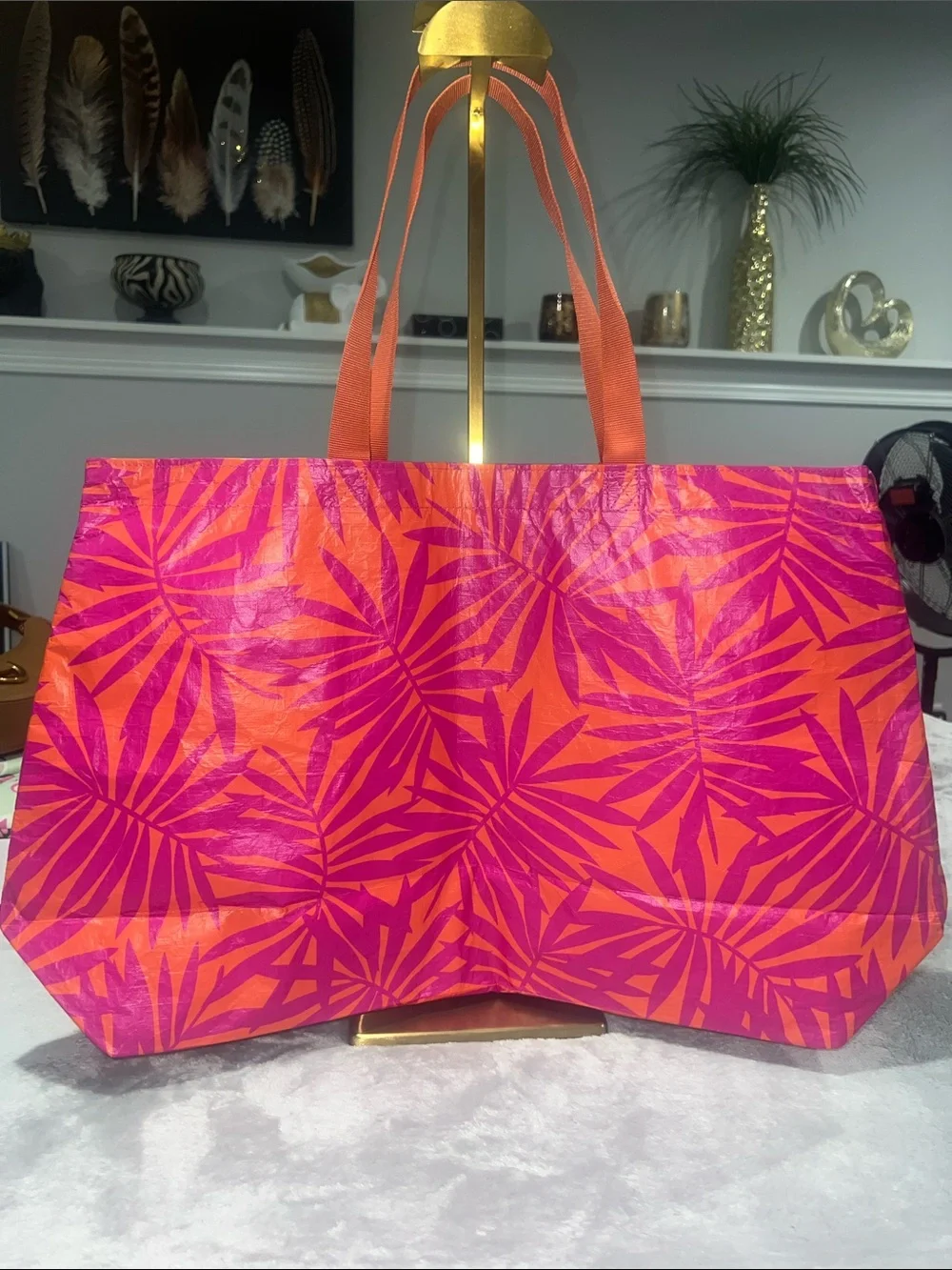 Open Story Water Resistant Reversible Tote Bag in the Pink/Coral Palm Leaves